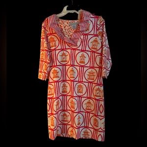 Gretchen Scott chinoiserie pagoda pink orange ruffle dress M grand millennial